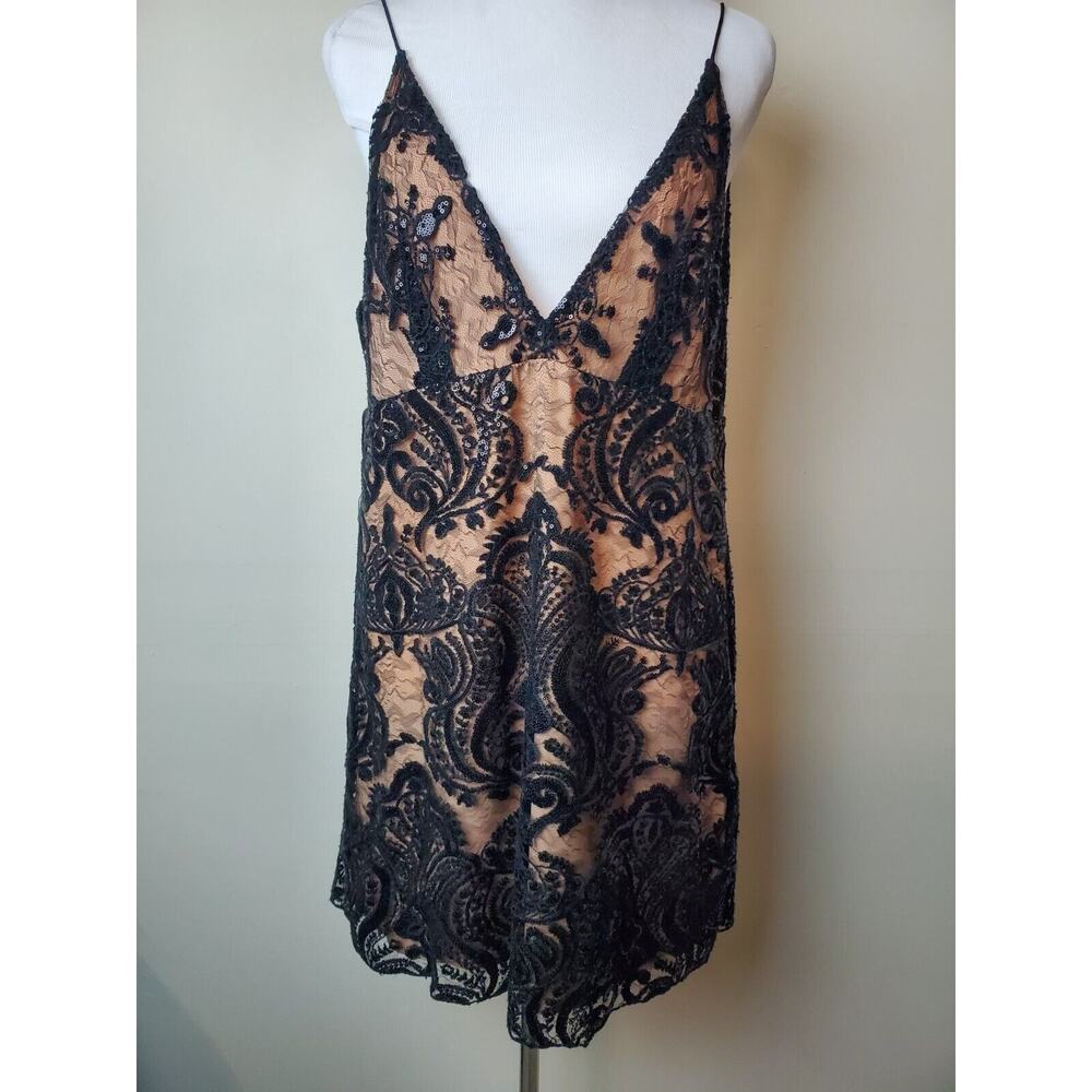 Free People 10 Women Black Sequined Lace Party Formal Night Shimmers Mini Dress - Picture 2 of 16
